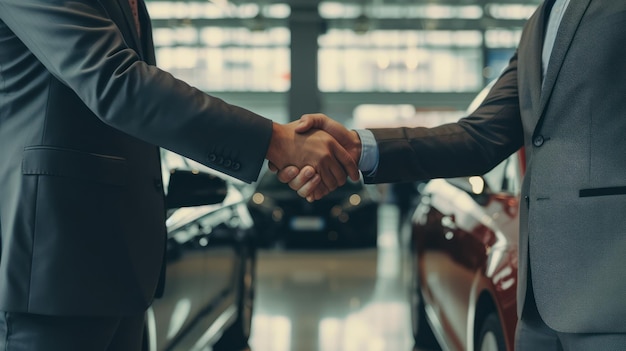 Revendedor de automóveis apertando a mão do cliente na loja de automóveis