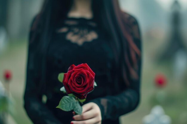 Foto reverência silenciosa mulher com uma única rosa