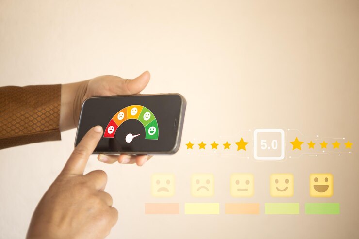 Foto revisar o conceito de pesquisa de feedback de satisfação do cliente com smartphone na mão e dar classificação ao serviço excelente experiência na aplicação de telefone móvel