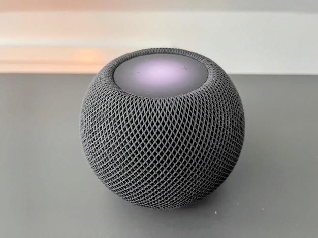 Revise o assistente HomePod cinza em cima da mesa