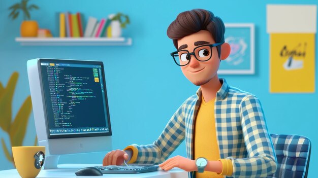 Revisión automatizada de código de IA Una vibrante ilustración moderna de dibujos animados en 3D