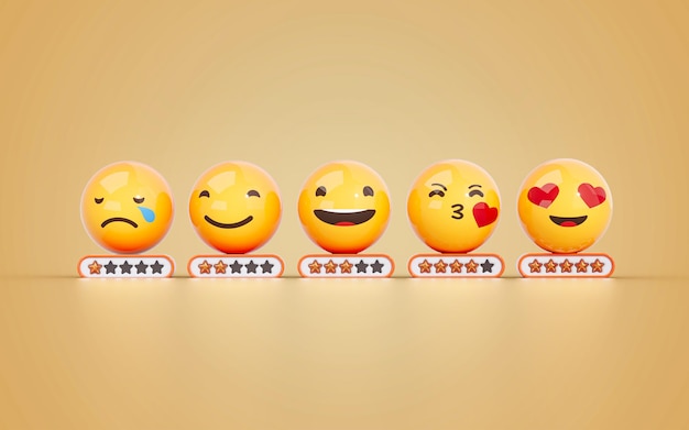 Revisión de calificación de satisfacción del cliente Icono de cara emoji retroalimentación emocional fondo 3d conceptos de procesamiento