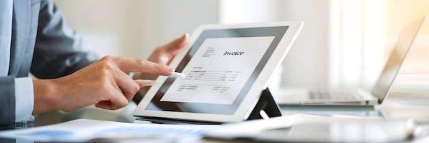 Revisión profesional de la factura digital en la tableta Pago de facturas en línea Gestión financiera