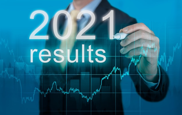 Revisión de resultados económicos 2021. El empresario escribe los resultados de 2021 en la pantalla virtual. revisión del año pasado en los negocios. indicadores económicos, superación de crisis y recuperación económica tras la pandemia de coronavirus