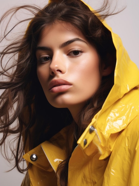 Revista Fotografía modelo de mujer con una colorida chaqueta impermeable sobre fondo simple