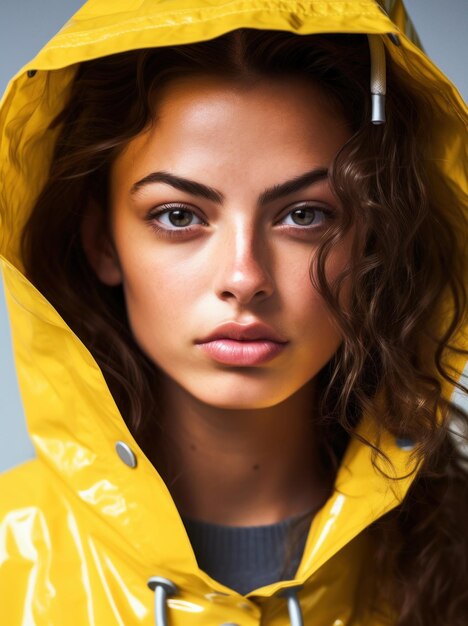 Revista Fotografía modelo de mujer con una colorida chaqueta impermeable sobre fondo simple