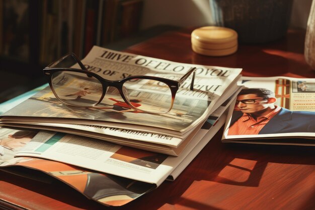 Foto revistas en la mesa con anteojos.