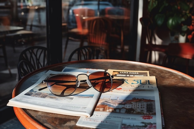 Revistas na mesa com óculos IA generativa