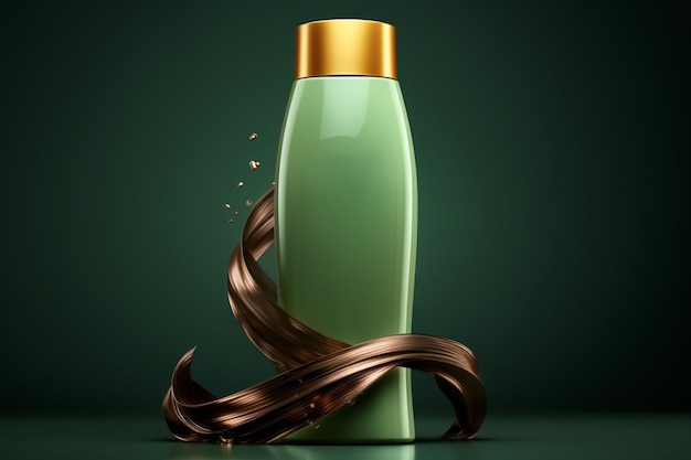 Revitalizando el concepto de botellas de champú 3D con cerraduras onduladas en un fondo simulado verde