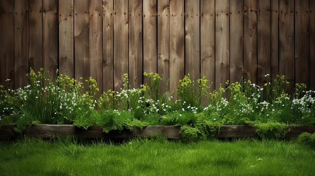 Revitalizar su espacio con hierba fresca de primavera contra una valla de madera rústica una mezcla armoniosa de naturaleza y textura perfecta para transmitir la esencia de la renovación al aire libre y la tranquilidad