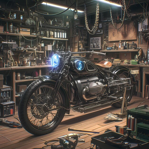 Foto revive a oficina de motocicletas vintage de estilo clássico