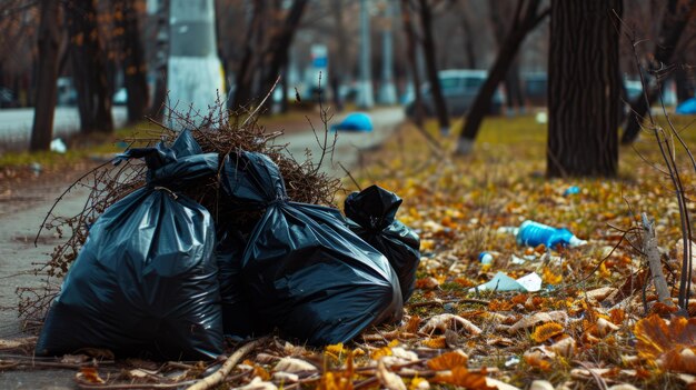 Reviviendo los espacios urbanos Una campaña de limpieza de primavera empoderada abordando las bolsas negras la basura caída Lea