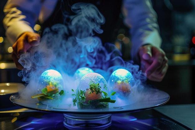 Revolução culinária com criações alimentares futuristas Gastronomia molecular magia orbes brilhantes levitando