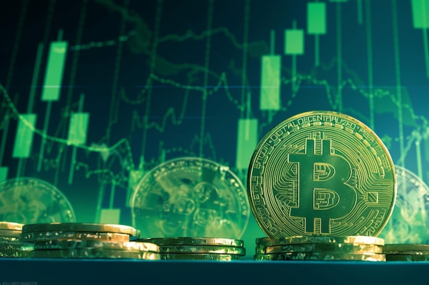 Foto revolución financiera monedas con símbolo de bitcoin y gráfico de acciones criptográficas