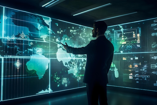 Revolucionando los negocios y el marketing con pantallas digitales futuristas Empresario analiza negocios