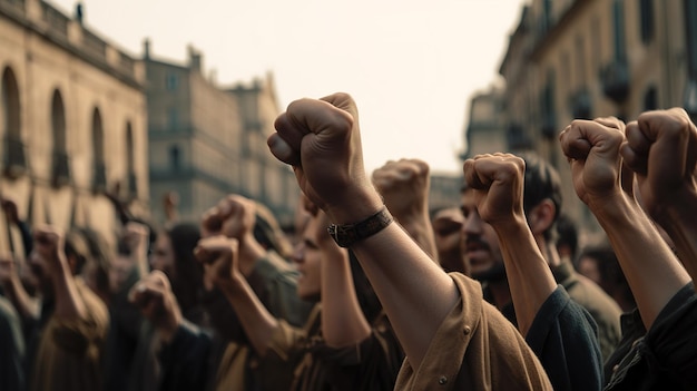 Foto revolutionäre stimmen protestieren mit erhobenen fäusten auf der stadtstraße generative ai