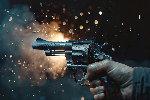 Foto un revólver de pistola disparando balas voladoras