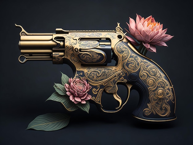 Revolver und Blumenvektorillustration auf schwarzem Hintergrund