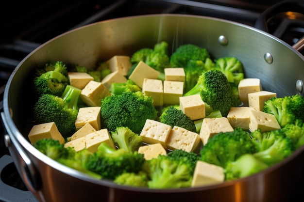 Foto revuelva el tofu y el brócoli en una sartén caliente