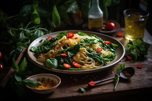 Foto revuelve los fideos fritos al estilo tailandés