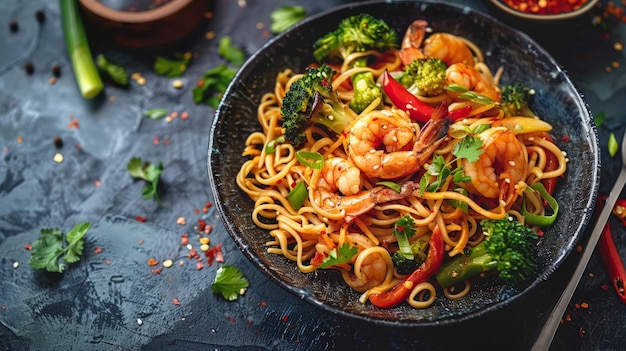 Revuelve los fideos fritos con verduras y camarones