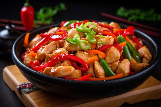 Foto revuelve el pollo frito con verduras en una vieja sartén de wok rústica