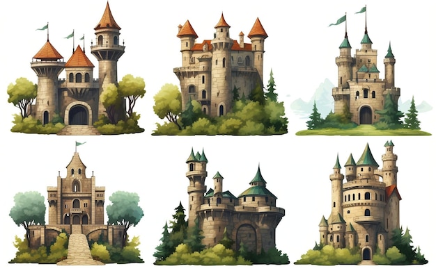 Rewrite este título castillos de cuentos de hadas medievales conjunto vectorial de dibujos animados IA generativa