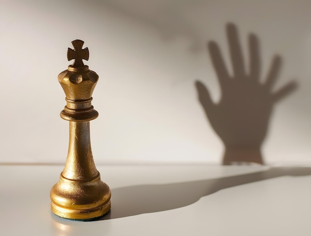 Rey de ajedrez dorado sobre un fondo blanco con una sombra de una mano
