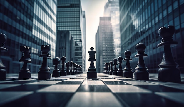 Rey de ajedrez de negocios en el tablero de pie frente a los edificios