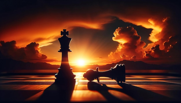 Foto el rey de ajedrez y el peón en la estrategia simbólica del atardecer