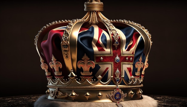 Foto el rey carlos, rey de inglaterra, la bandera británica y una imagen de las joyas de la corona británica la ceremonia de coronación de carlos iii ai generativa