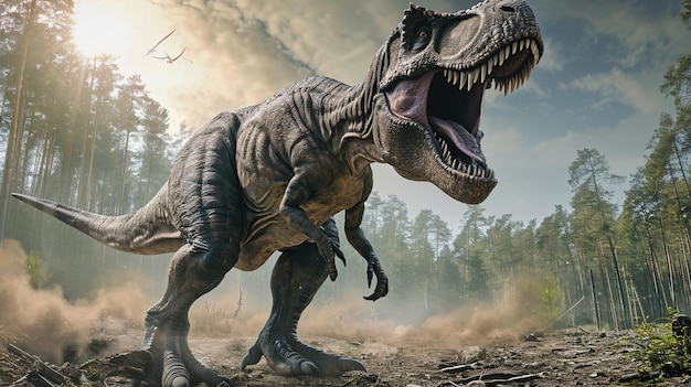 rey de los dinosaurios Tyrannosaurus Rex en un duro mundo prehistórico Generativo Ai