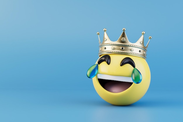 El rey de los emoticonos un emoji riéndose hasta las lágrimas en una corona sobre un fondo azul 3D Render