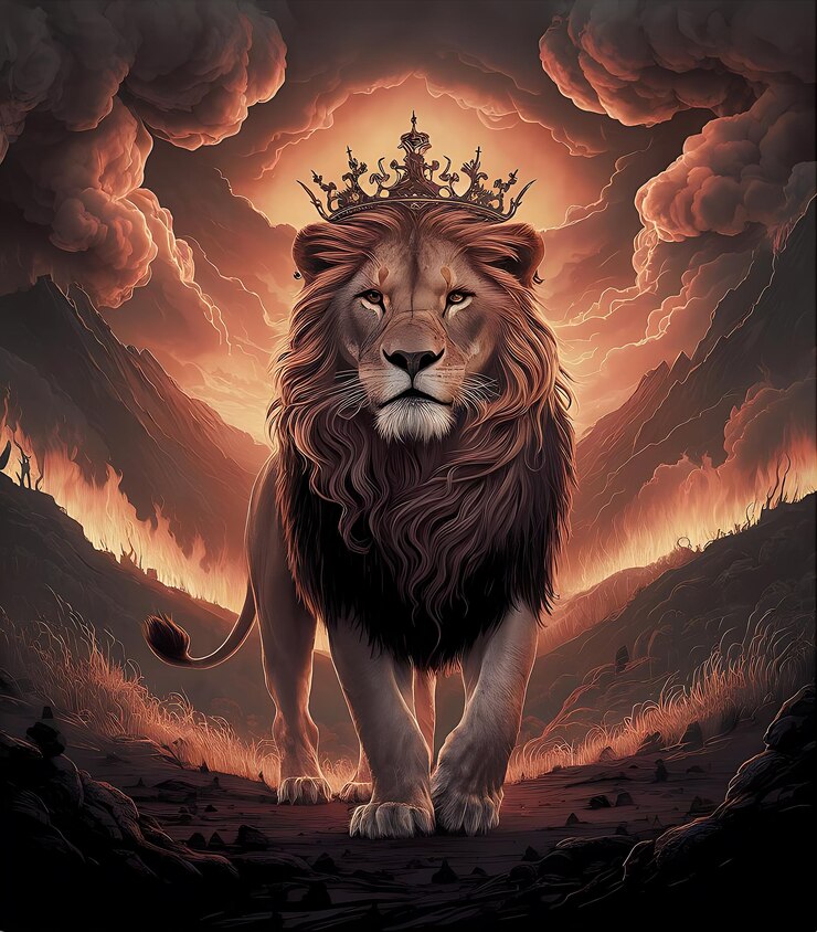 Rey león con una corona dorada en un fondo de fuego león de Judá papel tapiz león