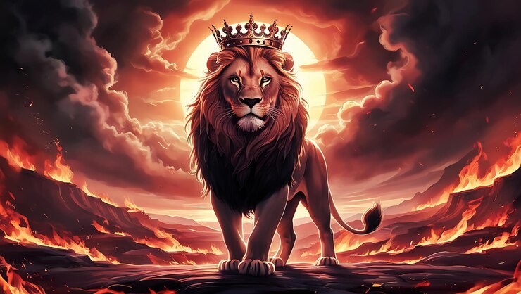 Rey león con una corona dorada en un fondo de fuego león de Judá papel tapiz león