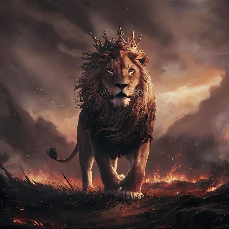 Rey león con una corona dorada en un fondo de fuego león de Judá papel tapiz león