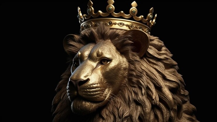Rey león con corona dorada sobre fondo negro generativo ai