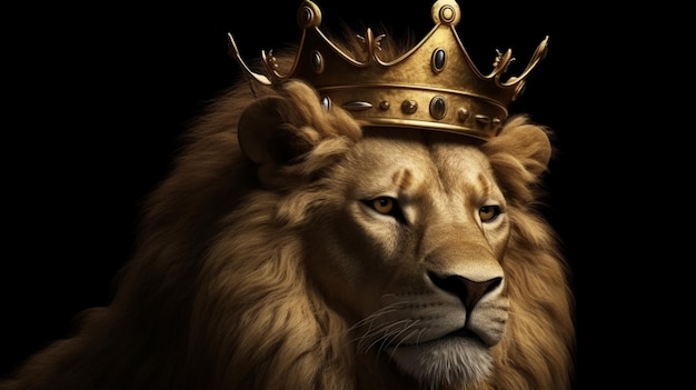 Rey león con corona dorada sobre fondo negro generativo ai