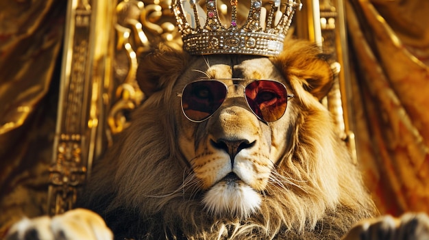 Rey león con corona y gafas de sol sentado en un trono primer plano AI Generative
