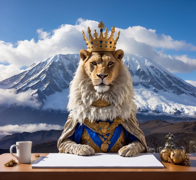 Rey león con una corona de oro sentado en la mesa frente al monte Fuji