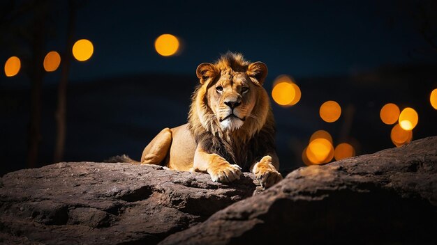 El rey león sentado en una roca