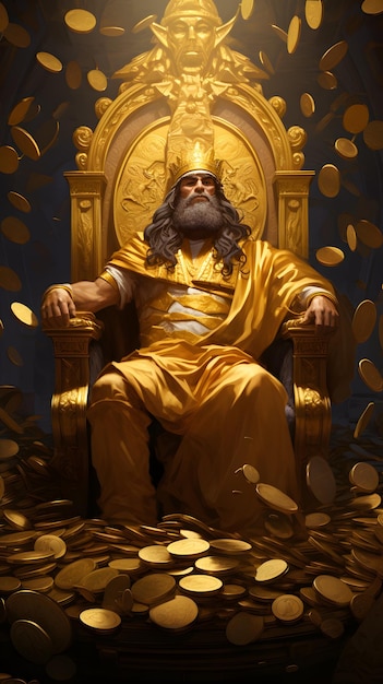 Foto el rey midas se sienta en un trono de oro sólido