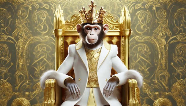 Foto el rey mono sentado en el trono dorado con una capa blanca
