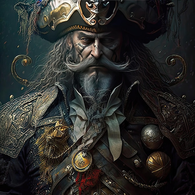 Rey pirata con medallas de oro y regalía Barba gris robo realeza marinera persona inexistente arte de alta resolución inteligencia artificial generativa