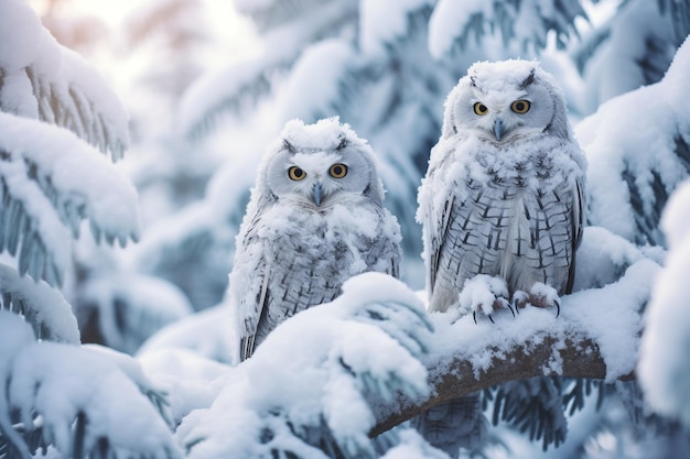 Reyes búhos de nieve posados en ramas de nieve