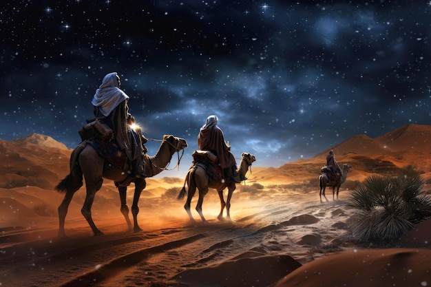 Los Reyes Magos cargan regalos por el desierto guiados por las estrellas Concepto navideño