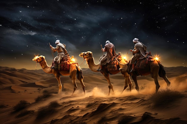 Los Reyes Magos cargan regalos por el desierto guiados por las estrellas Concepto navideño