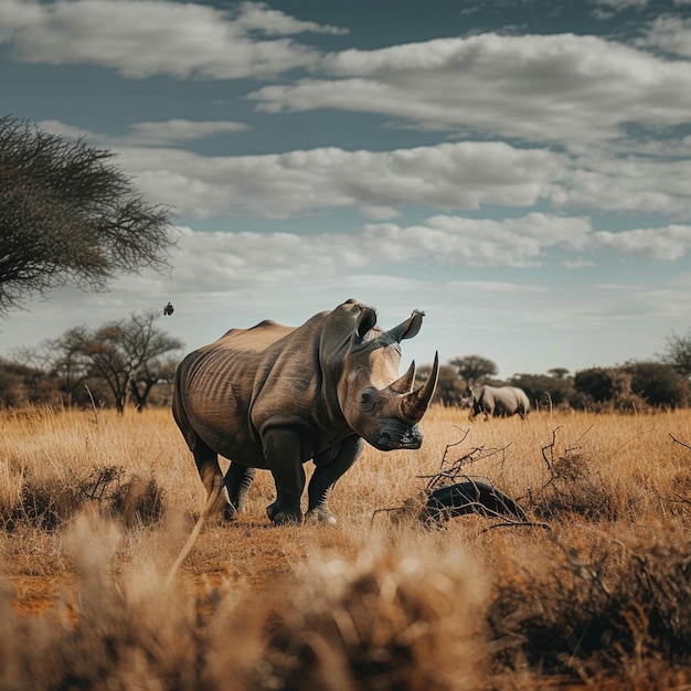 Rhino in Dry Grass Field Internationale Rhino-Tag-Bewusstseinsszene