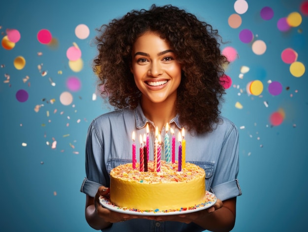 Ria alto, uma jovem e linda mulher segurando um grande bolo de aniversário com velas