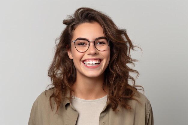 Ría bonita joven caucásica mujer con gafas mirando a la cámara en fondo gris retrato de la cabeza de una chica feliz con gafas de dientes sonrientes anuncio de la tienda de gafas IA generativa